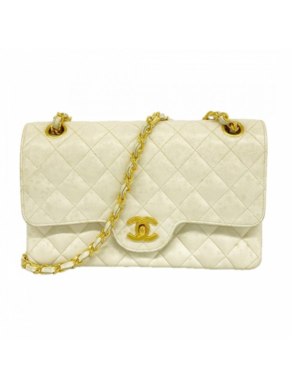 Chanel Shoulder Bag Quilted Lambskin White Gold